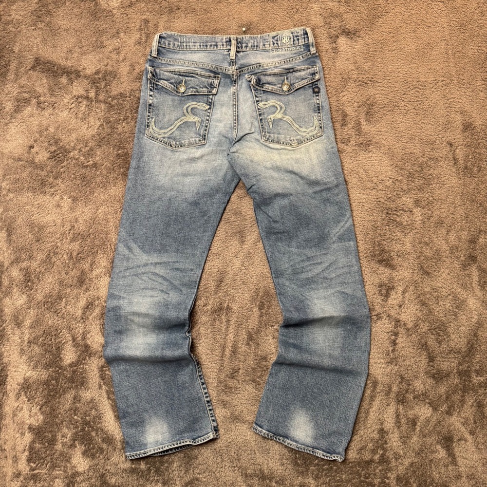 Rock & Republic Mens Light Wash Distressed Straight Leg Jeans 33x32 Logo Pocket